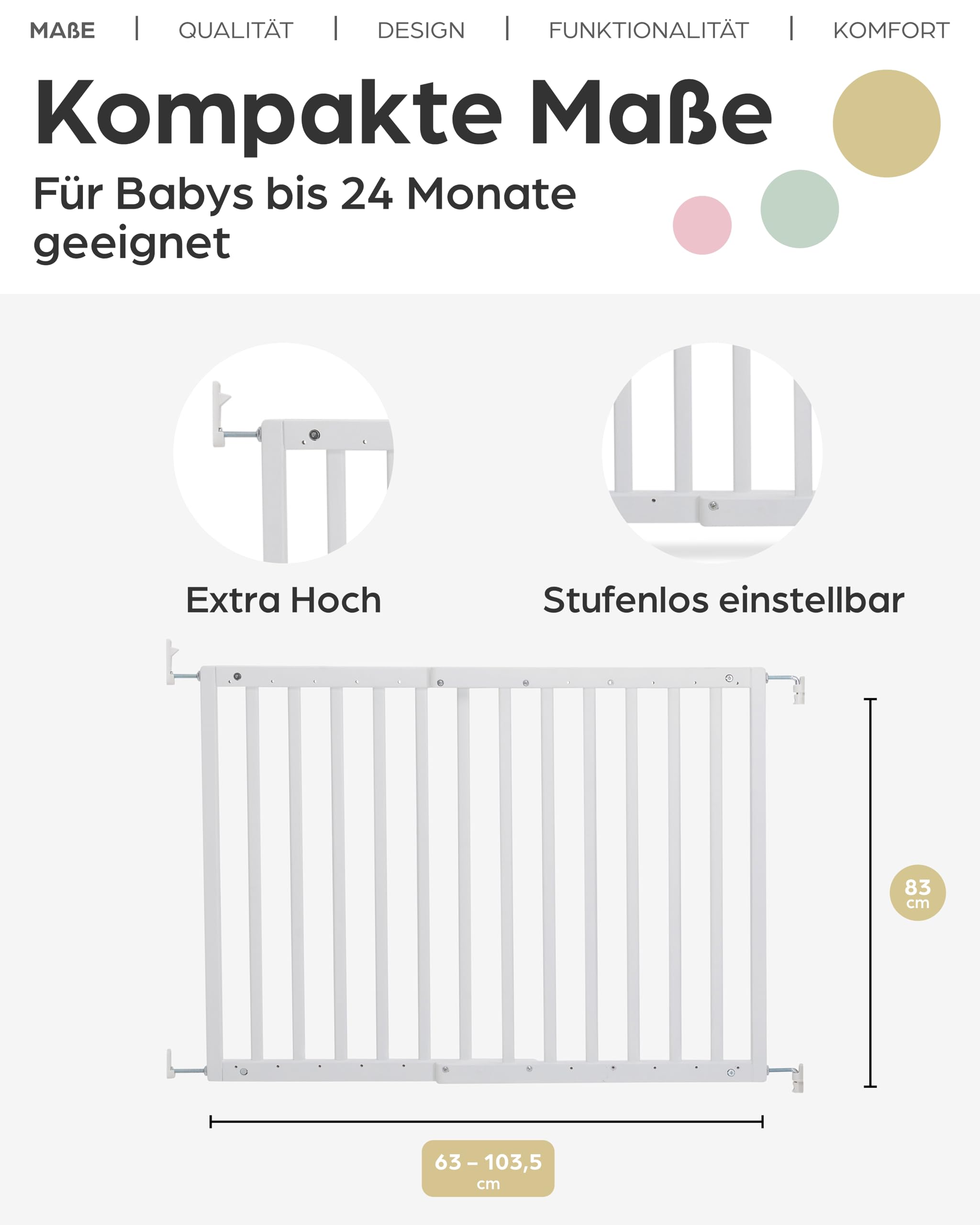Geuther Türschutzgitter Holz 63-103,5 cm, Weiß I Treppenschutzgitter zum Bohren I Extra hohes Babygitter, Sicherheitsgitter für Treppe & Tür I Als Hundegitter Wohnung & Kinderschutzgitter