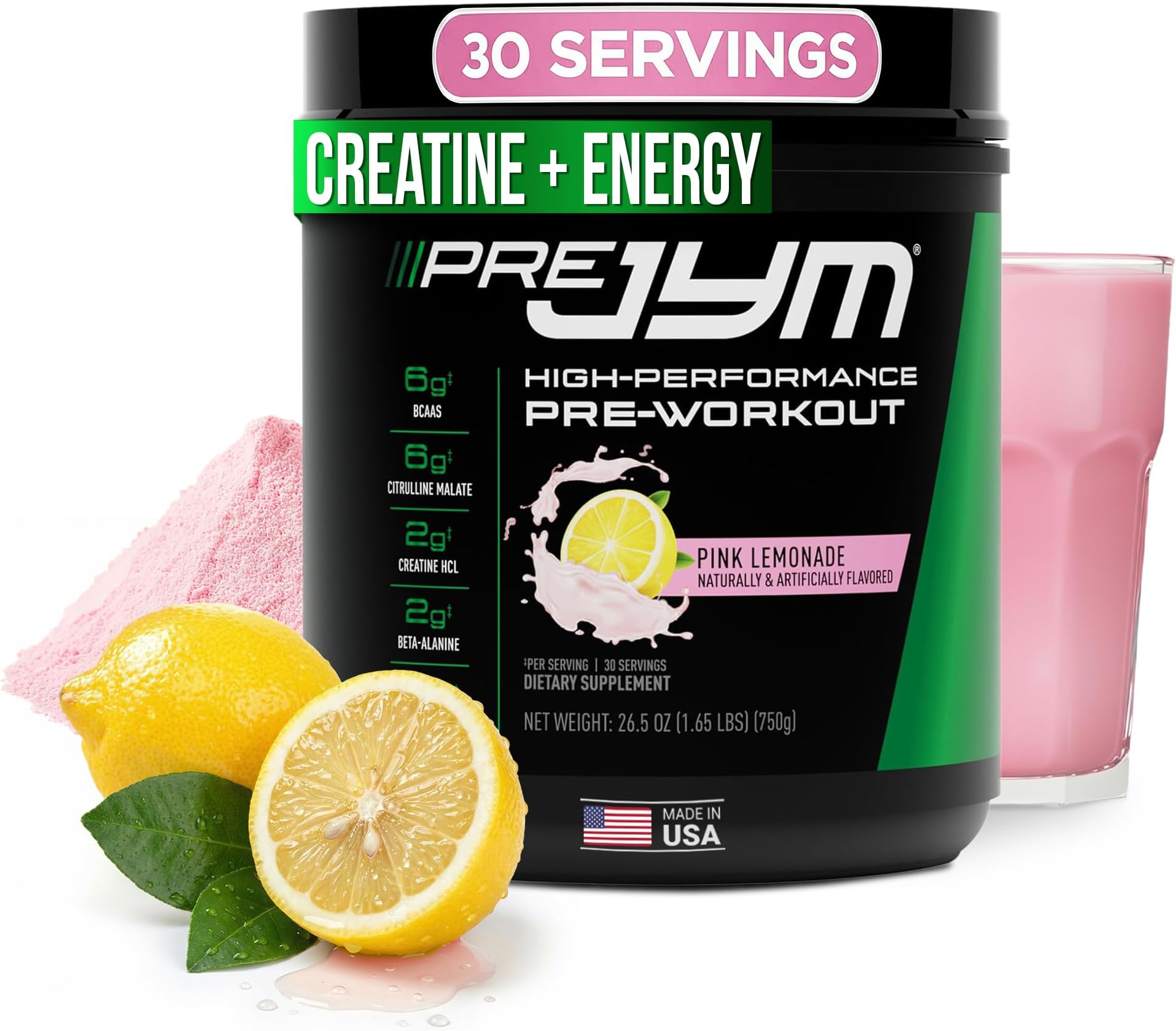 JYM Supplement Science Pre JYM Pink Lemonade Pre Workout Powder - BCAAs, Nootropics, Creatine HCI, Citrulline, Beta-Alanine, Betaine, Taurine, Huperzine 30 Servings