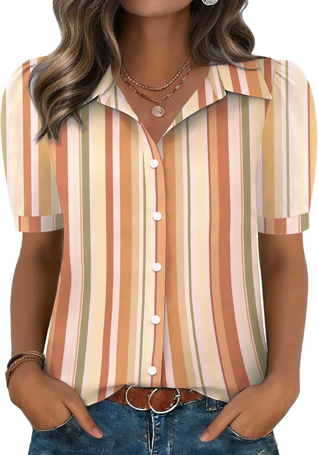 Zeagoo Women Button Down Shirts Puff Short Sleeve Blouses Chiffon Tops Business Casual Outfits Summer Clothes