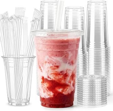 SAEUYVB 100 Pack 24oz Clear Plastic Cups with Lids and Straws | Disposable Iced Coffee Cups,BPA Free,Food Safe Sturdy Plastic Cups for Iced Coffee,Smoothies,Milkshakes Party Cold Drinks