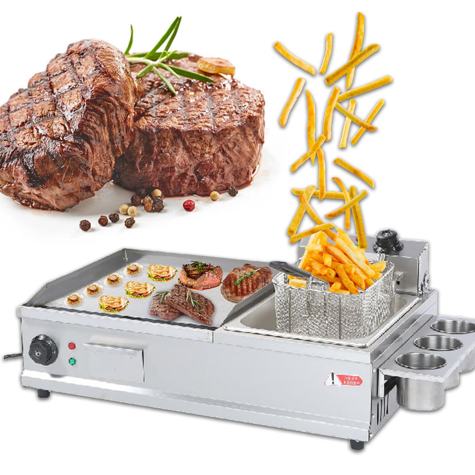 Eastnmythet Electric Griddles Outdoor Cooking with Deep Fryer, Commercial Griddles Flat Top Grill with Seasoning Rack, for Fried Bacon, Fried Cheese,Small