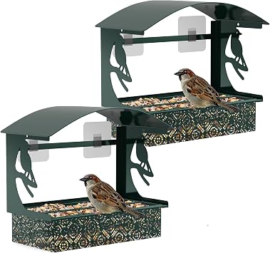 Tonitrui Window Bird Feeder with Heavy-Duty Adhesive Hooks for Outside,All-Season Metal Winter Bird Seed Feeder for Ultimate Window Viewing, 2-Pack Green