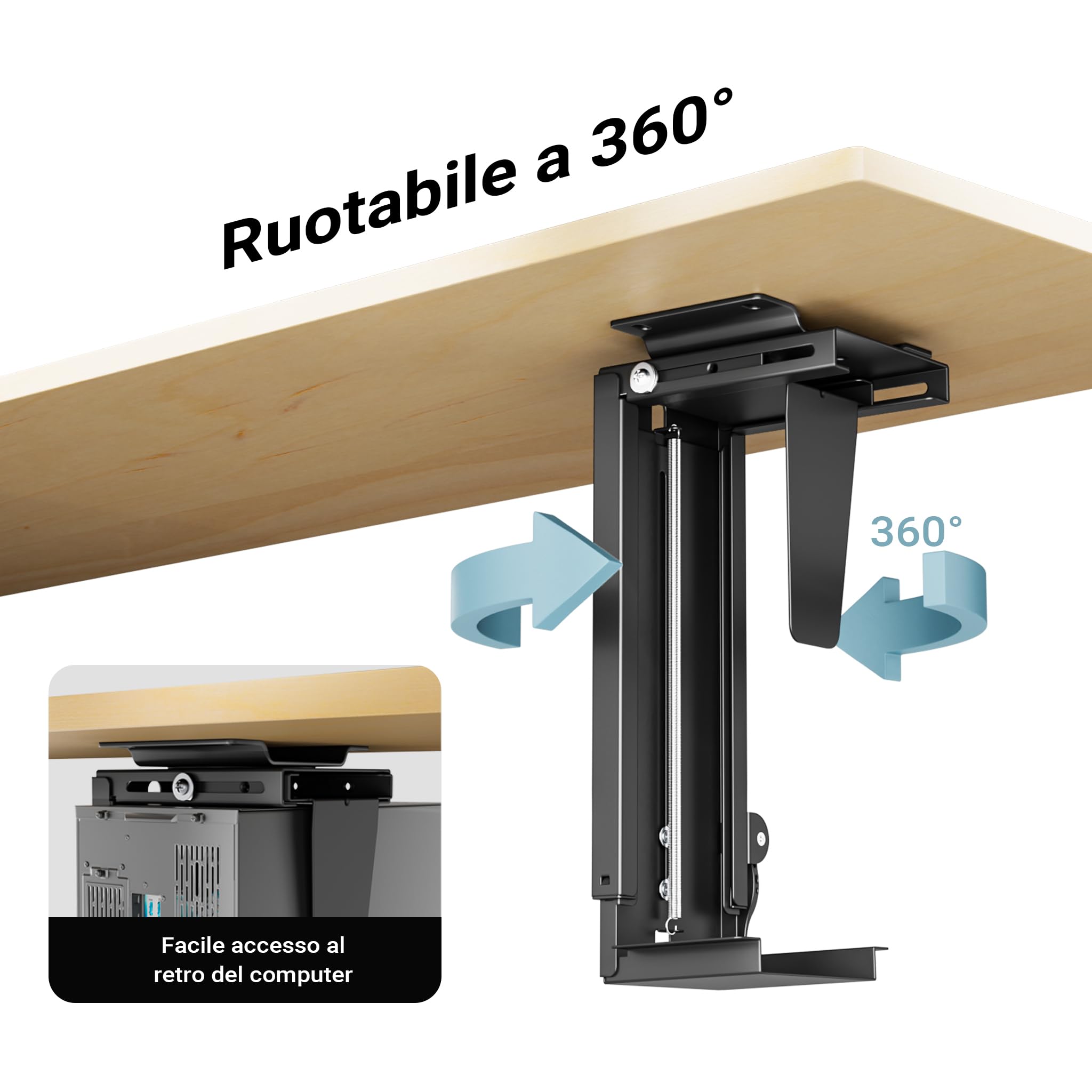 Toboli Wiltec Supporto PC fisso Porta case sotto scrivania, max 10 kg, regolabile e girevole a 360°