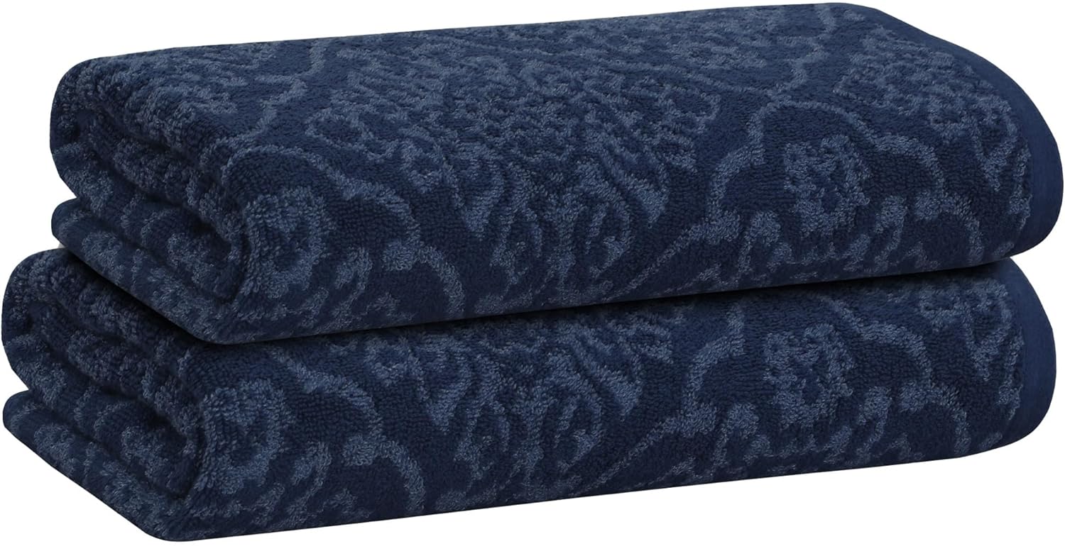 2 Pack Damask Hand Towel, Bath Towel, and Bath Sheet Towel, 100% Cotton Yarn Dyed, Lux Drying Experience, Great for Hands and Body, Perfect for Spa & Home Use (Navy, Bath Sheet)