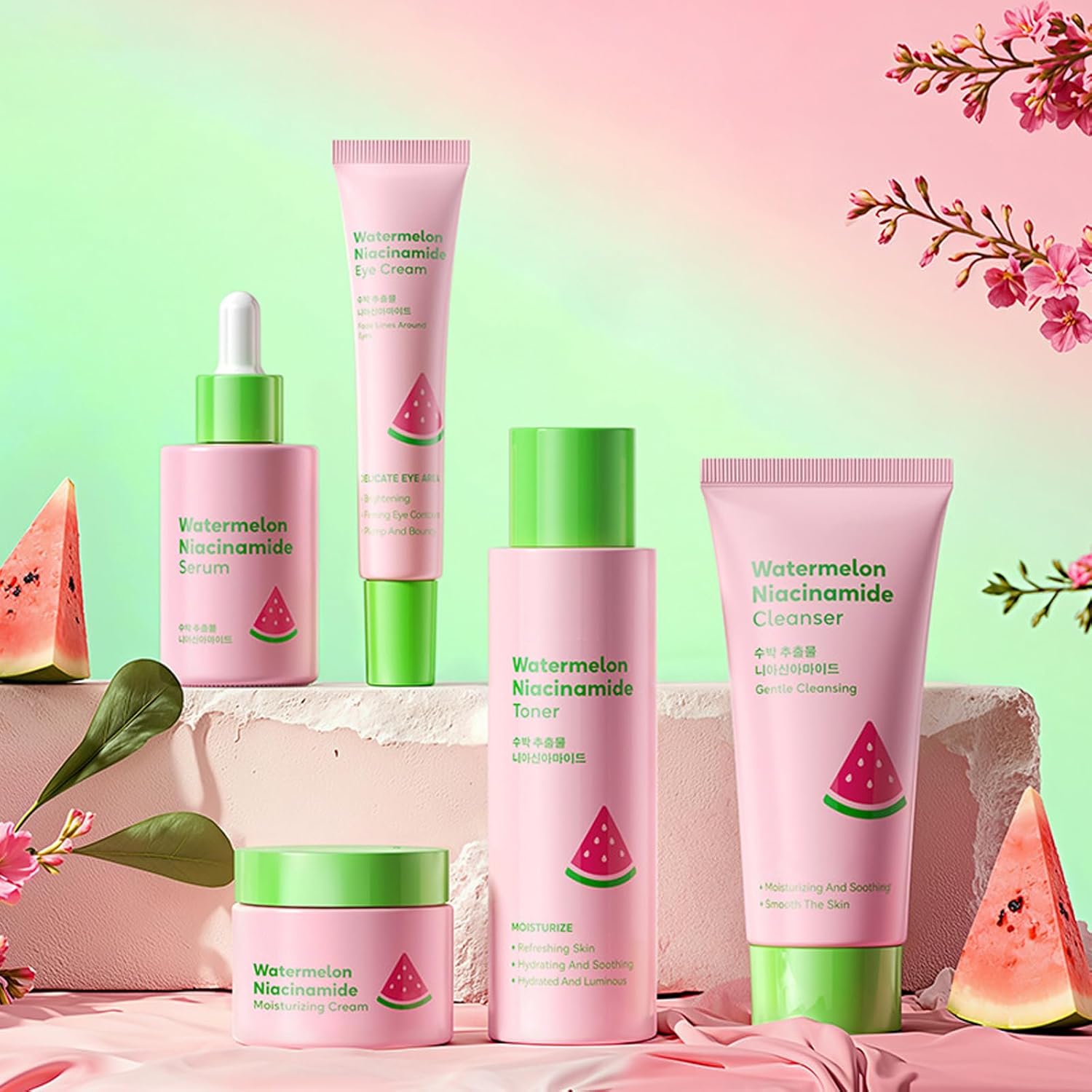 Watermelon Niacinamide Skin Care Set, Skin Care For Kids & Girls With Cleanser,Toner,Eye Cream,Cream,Serum,Headbeand & 2PCS Guasha, Skincare For Girls 10-12, Routine Beauty Skin Care For Teens Gift