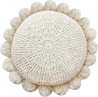 kitletsuit Boho Round Knitted Throw Pillow 18 Inch with Handmade Pom Poms Tassels - Beige Crochet Cushion for Sofa Bed Couch Chair