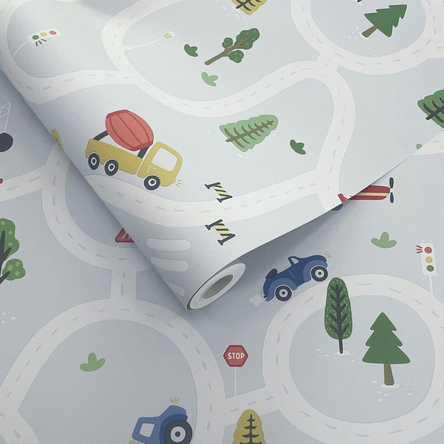 Holden Storybook Roundabout Road Fun Vehicle and Traffic Themed Wallpaper with Cars, Trucks, Helicopters, Diggers for a Playful Boys Bedroom Wall Light Blue (14082)