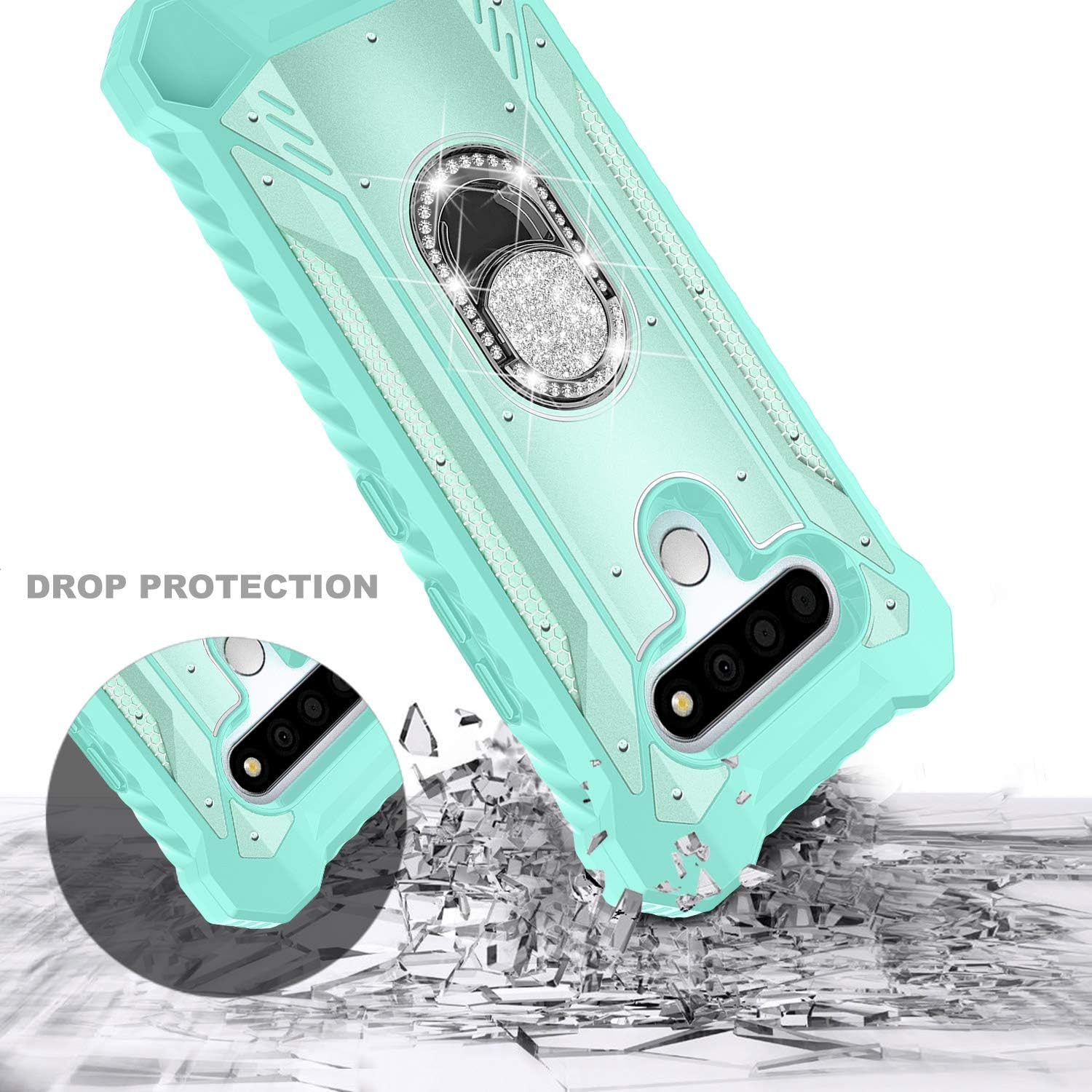 E-Began Case Compatible for LG Stylo 6 with Tempered Glass Screen Protector (Full Coverage), Aluminum Magnetic Metal Built-in Diamond Ring Holder, Full-Body Protective Shockproof Military Case (Teal)