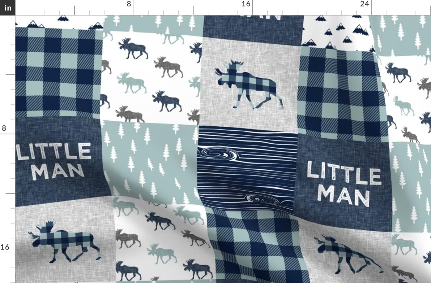 Spoonflower Fabric - Little Man Patchwork Navy Dusty Blue Woodland Cheater Quilt Moose Printed on Organic Cotton Sateen Fabric by The Yard - Sewing Quilting Apparel Home Decor