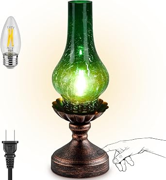Vintage Table Lamp with Green Crackle Glass Shade,Touch Control & 3-Way Dimmable Rustic Retro Farmhouse Bedside Lamp for Bedroom, Living Room, Cabin, Office 2700K LED Candle Bulb Included