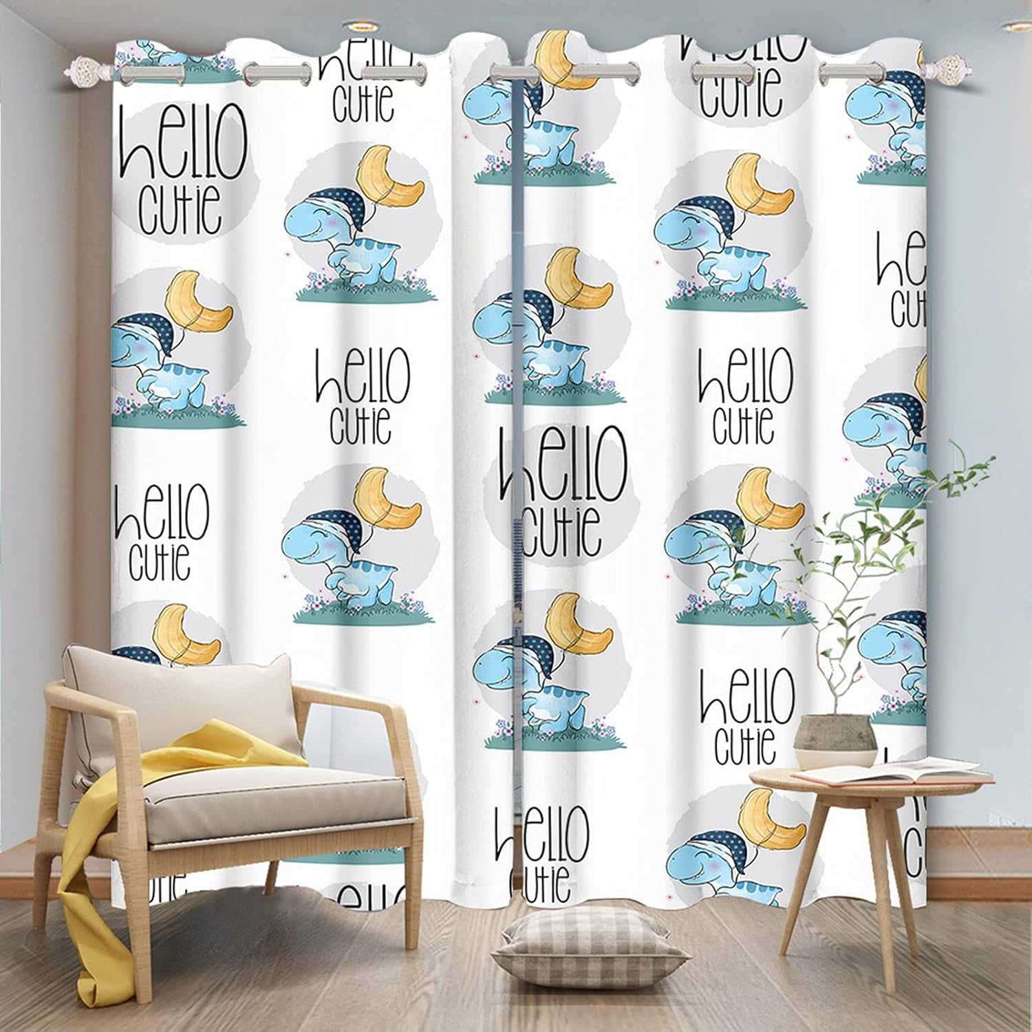 Yeele 42x85inches Cute Blue Dinosaur Thermal Insulated Printed Curtain for Kids Boys Bedroom Living Room Decor Cartoon Dinosaur Blackout Curtains with Grommets Waterproof Polyester Drapes 2 Panels