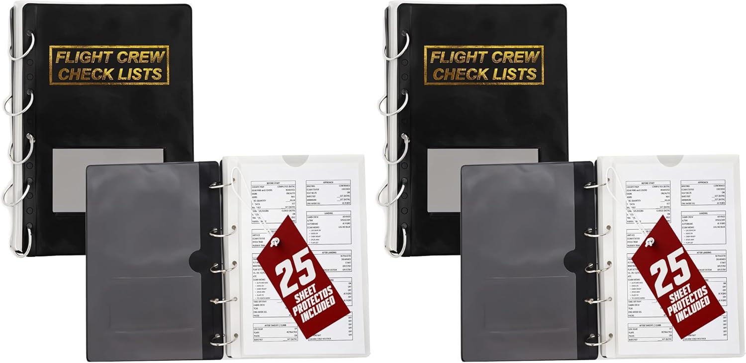 Performore Flight Crew Checklist Binder (Black) with 5 Loose Leaf Rings - Includes 25 Sheet Protectors and Business Card Size Pocket ON Front Cover for Label, for 8" X 5" Paper (Pack of 2)