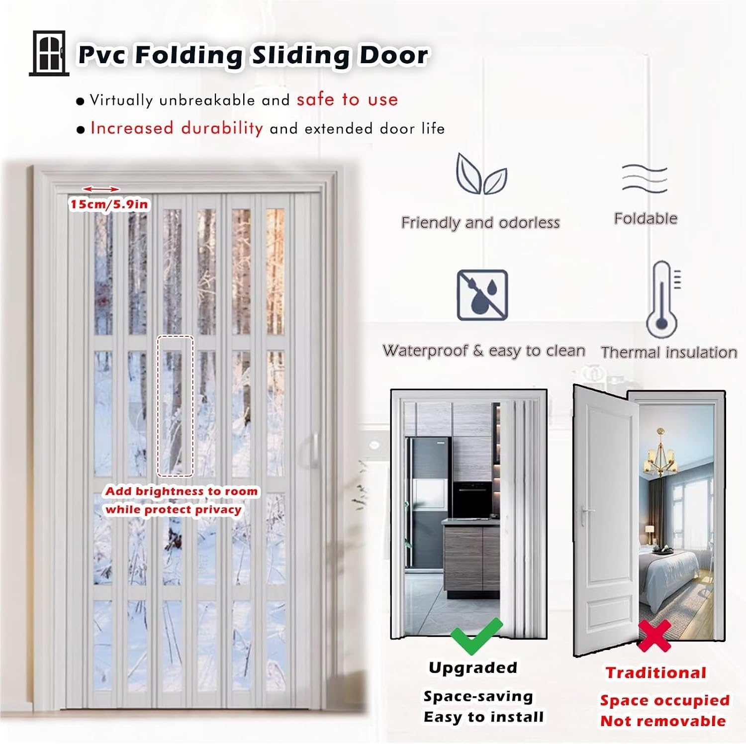 90" Tall Accordion Door - Space-Saving PVC Folding Screen, 24"-80" Wide for Kitchen, Laundry, Bathroom - Versatile Multifold Interior Door Solution