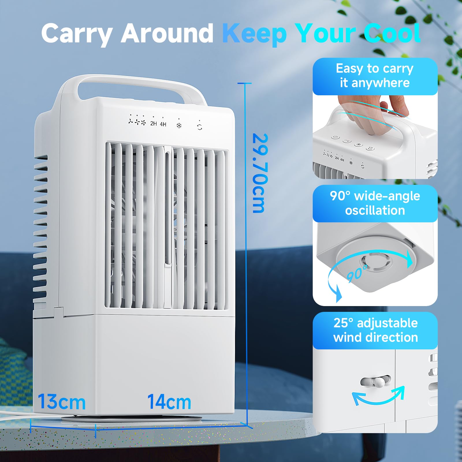 Condizionatore Portatile Raffreddatore d'aria 4 in 1,Climatizzatore Portatile Silenzioso con 90° Oscillazion,3 Velocità,Modalità di Spray, Timer 2/4H,Climatizzatore 900ml per Casa Ufficio Campeggio