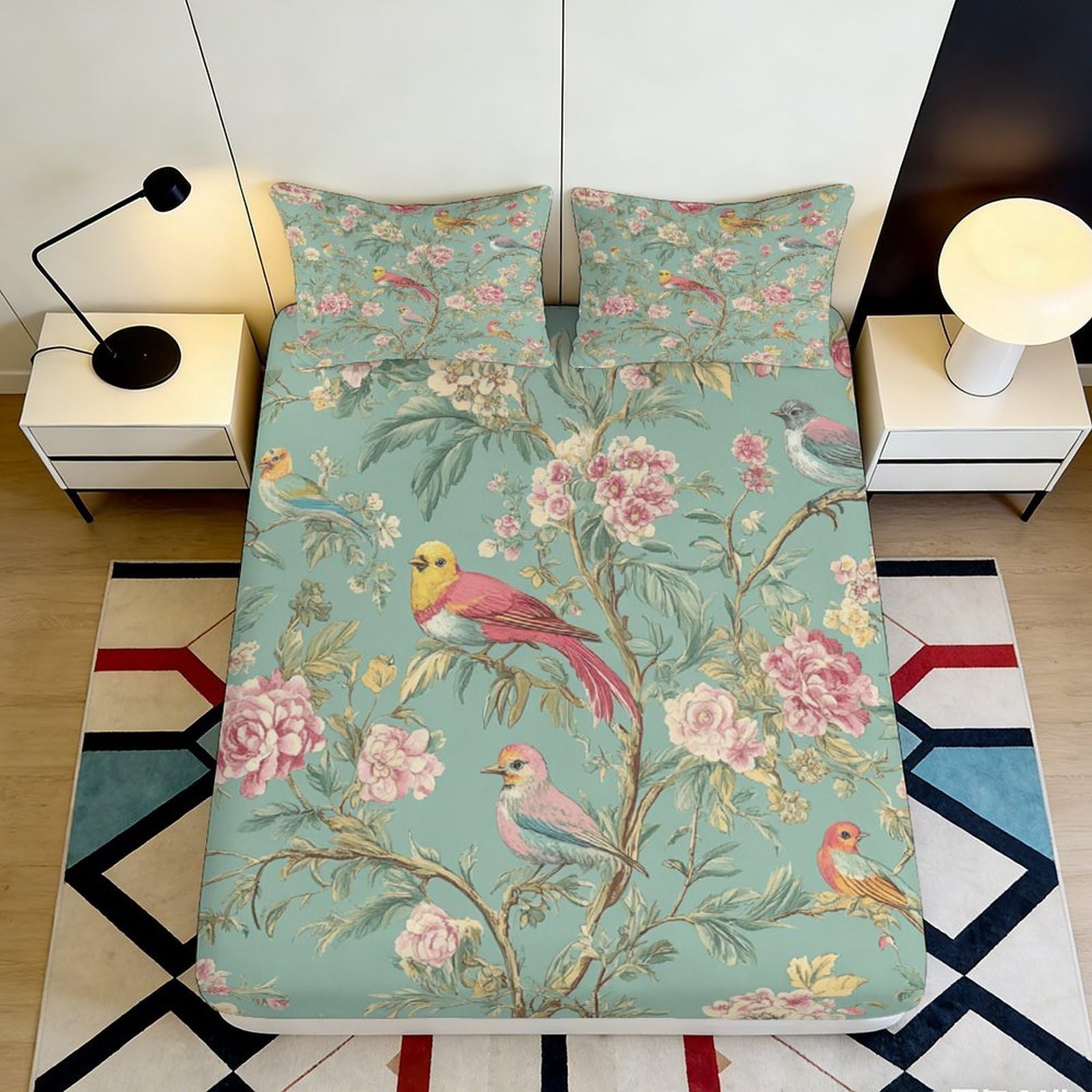 Jqzkxnhpbr Style-9 3D Printed Pastel Bird Flower Fitted Sheet Microfiber Soft Botanical Garden Bed Cover For Bedroom Decor 90X200x25cm