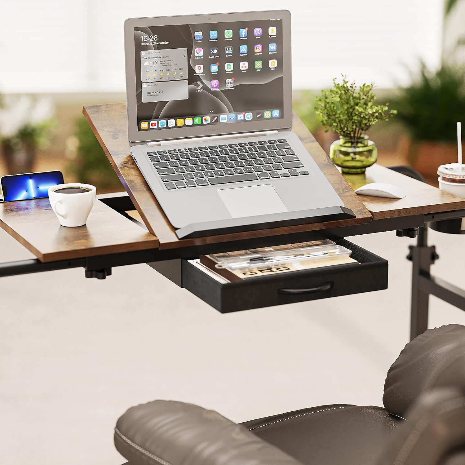GiftGo Overbed Table with Wheels Rolling Laptop Desk Cart Table for Recliner Over Chair Adjustable for Hospital and Home Use Over The Bed Table with Storage Drawer and Cup Holder (Rustic Brown)