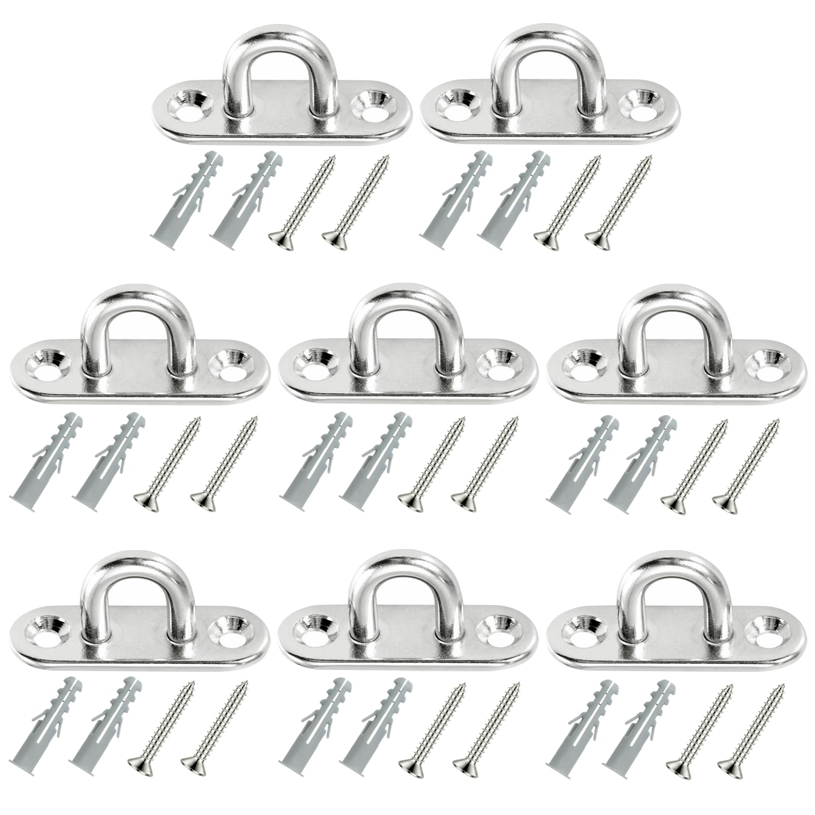 BORISCA 8 Pcs Stainless Steel Oblong Pad Eye Plate with 2 Hoods, M5 U Hooks with 16 Screws+Expansion Pipes