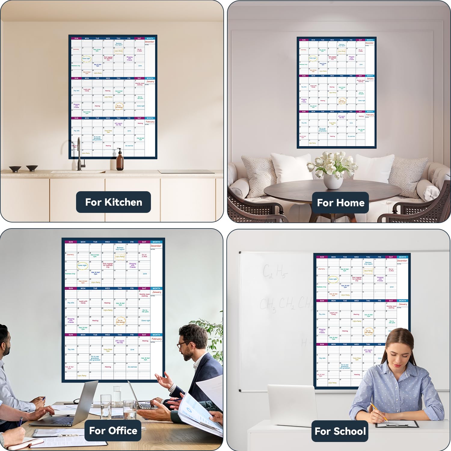 Calendario grande de borrado en seco para pared, calendario anual de pared de borrado en seco