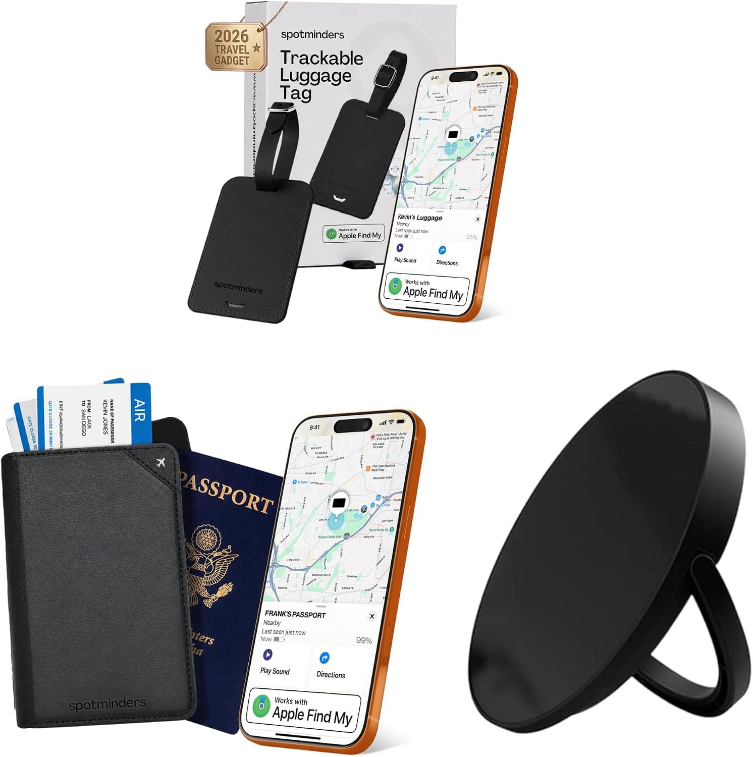 Spotminders Apple MFi Certified Luggage Tags for Suitcases TSA Approved (iOS Only) + Apple MFi Certified Trackable Passport Holder + Wireless Charger for iPhone, AirPods, Tracking Card