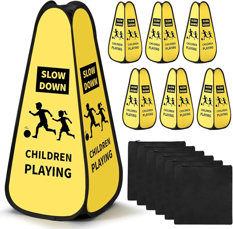 6 Pcs 28inch Pop-up Slow Down Children Playing Sign for Street Extra Large 4 Sided Kids at Play Safety Warning Signs with 6 Sandbags for Neighborhoods Schools Sidewalk Driveway