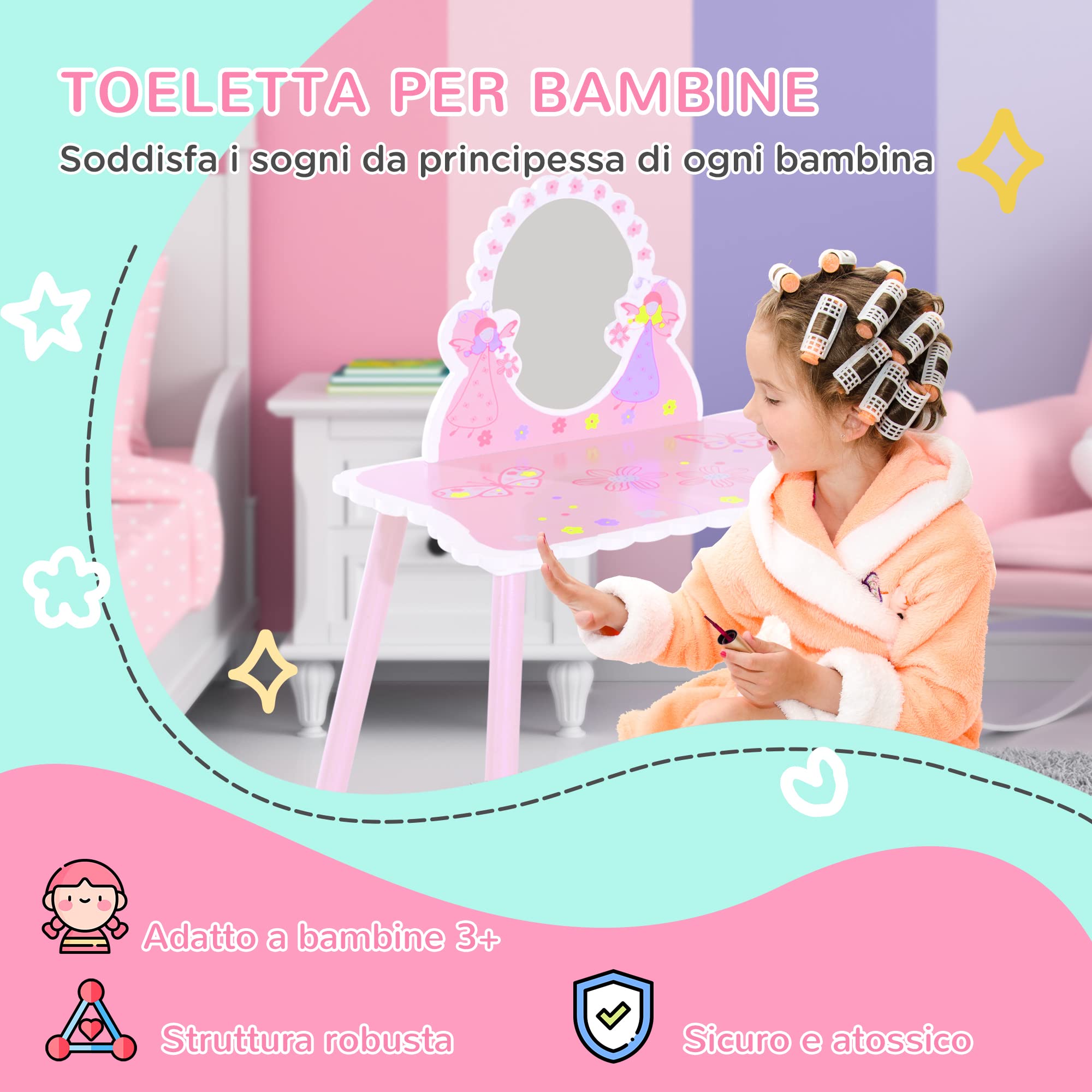 HOMCOM Toeletta per Bambini con Sgabello in Legno, Tavolo Trucco con Specchio Moderno e Cassetto, 59L x 39P x 77A cm, Rosa