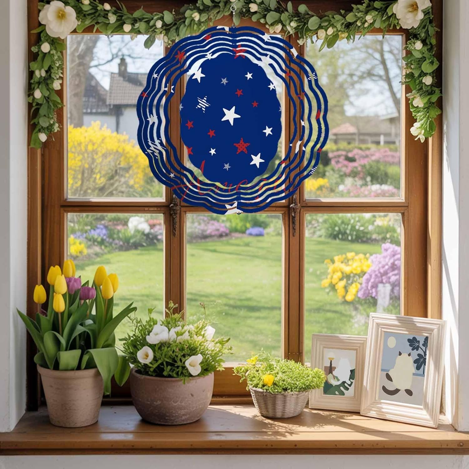 Independence Day Patriotic Star Wind Spinner for Garden Yard 3D Stainless Steel Hanging Wind Spinners, Red White Pentagram on Blue Spinners Outdoor Metal Decor for Lawn Patio Home