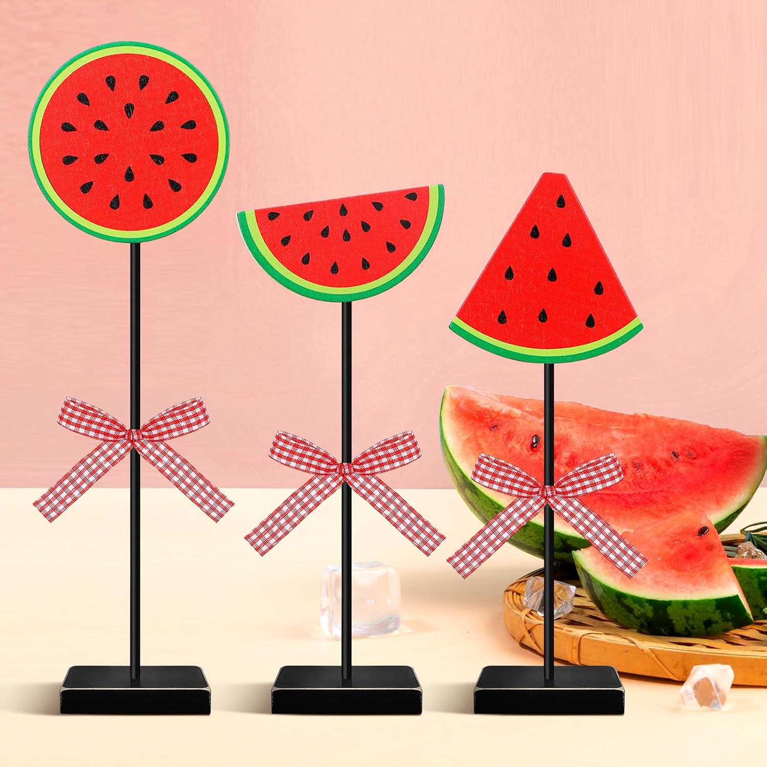 Yuntau 3 Pieces Summer Theme Wood Tabletop Decor Watermelon Tall Standing Wood Block Sign Set Watermelon Table Centerpiece Farmhouse Ornaments for Wedding Table Photo Props Home