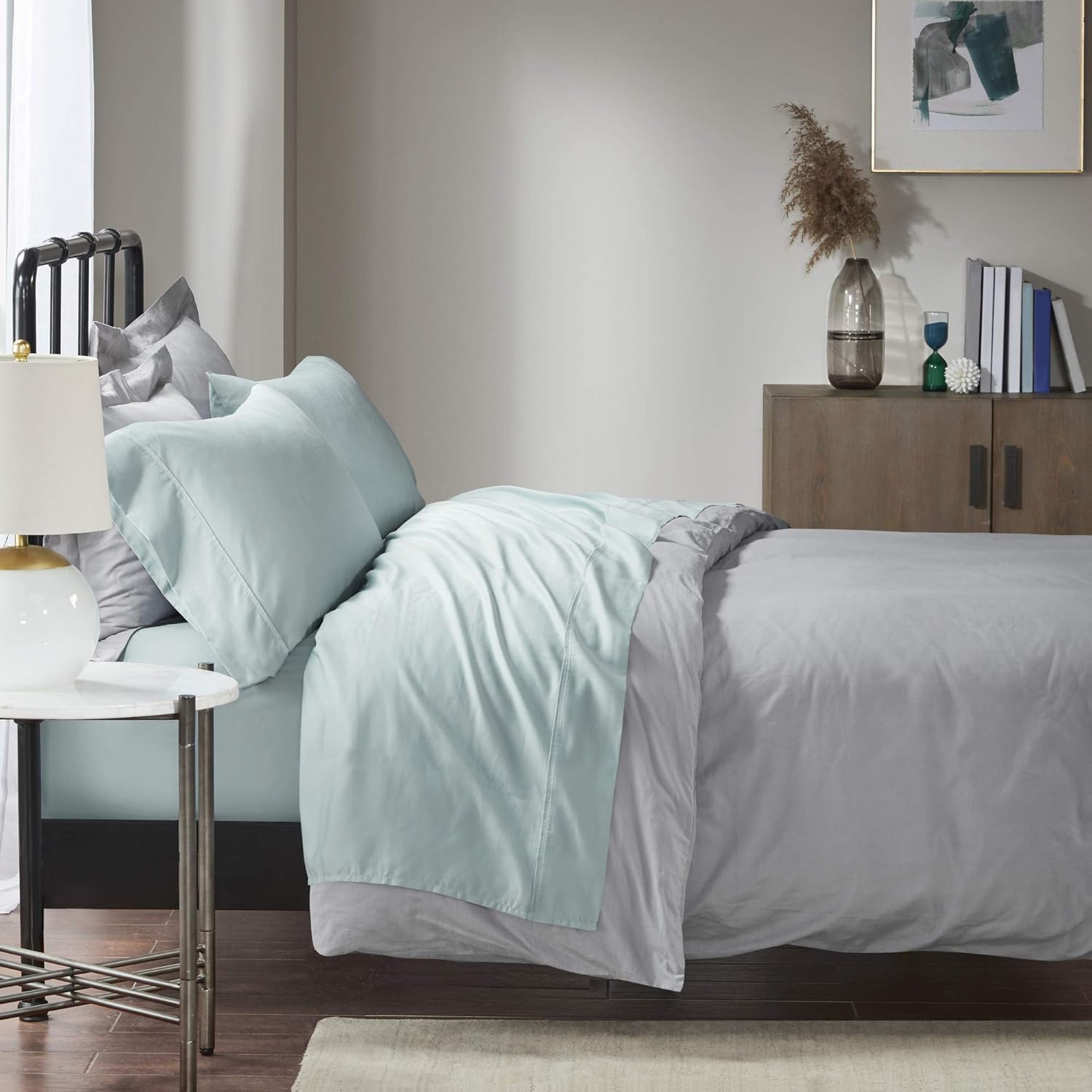 Exclusive Discount 50% Price 1500 Thread Count Queen Bed Sheets , Casual Tan/Blue Snowflake Bed Sheet , Bed Sheet Set 4-Piece Include Flat Sheet , Fitted Sheet & 2 Pillowcases