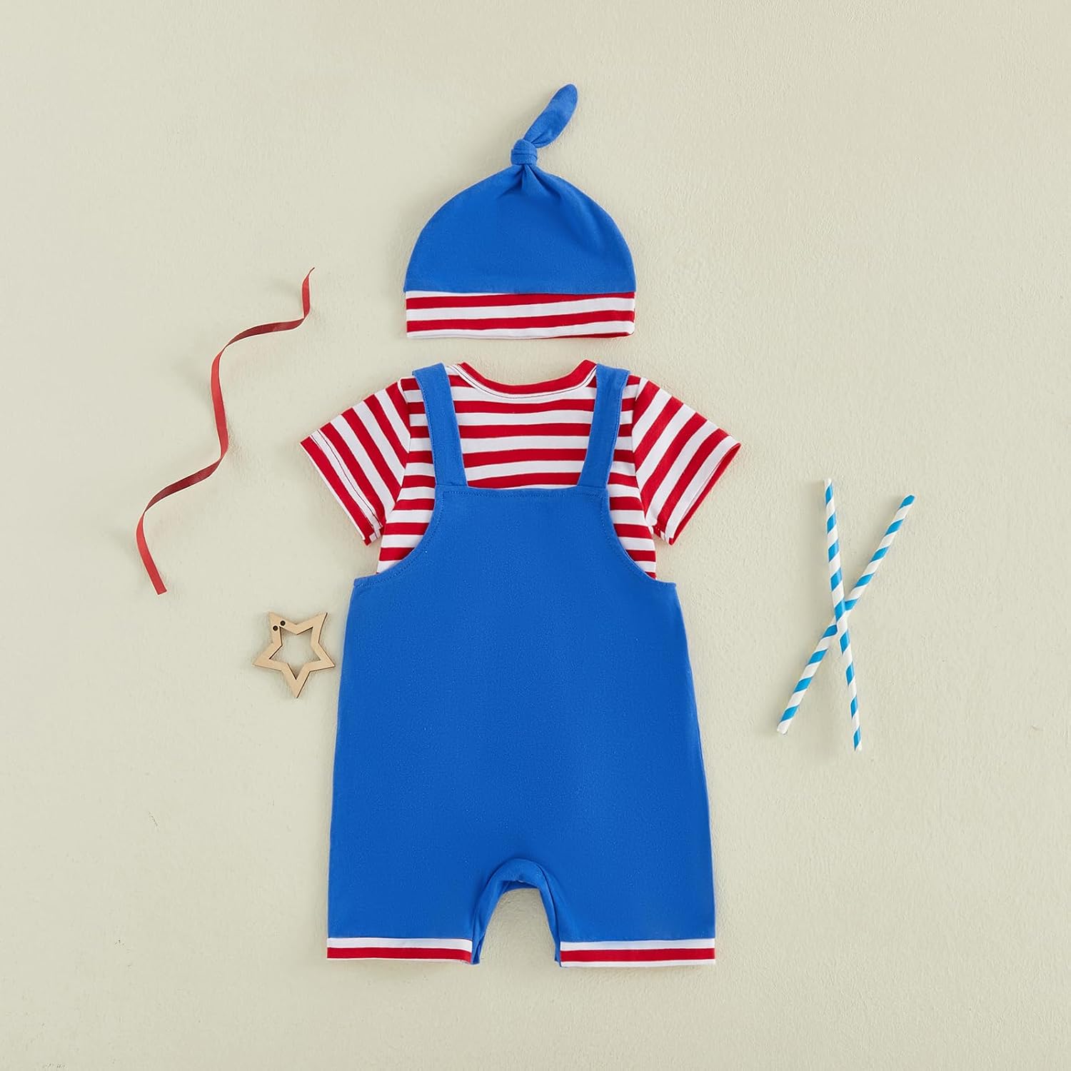 My First 4th of July Baby Boy Outfit Newborn Short Sleeve Striped Romper USA Flag Suspender Overalls Shorts Hat Sets