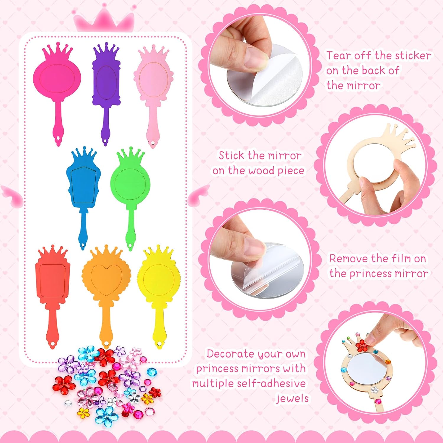 48 Pack Wooden Mirror Craft for Girls DIY Decorate You Own Princess Wooden Hand Small Mirrors for Crafts Paint Princess Party Decorations Birthday Supplies Favors
