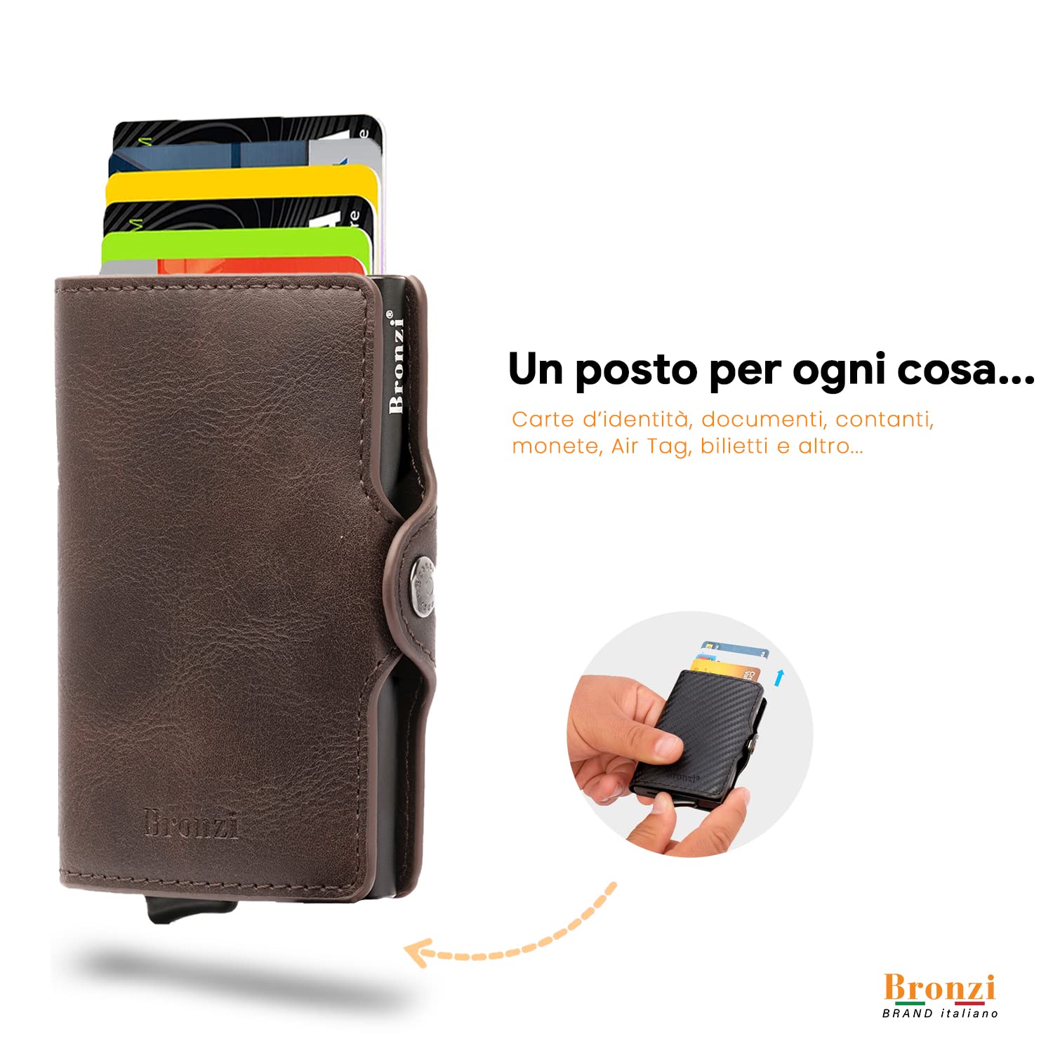 Bronzi Portafoglio Porta Carte Credito - Portafoglio Uomo Donna Slim Portacarte uomo - Mini Porta Tessere - Protezione RFID - Design Smart Italiano Scatola Regalo inculsa (Pelle, Marrone)