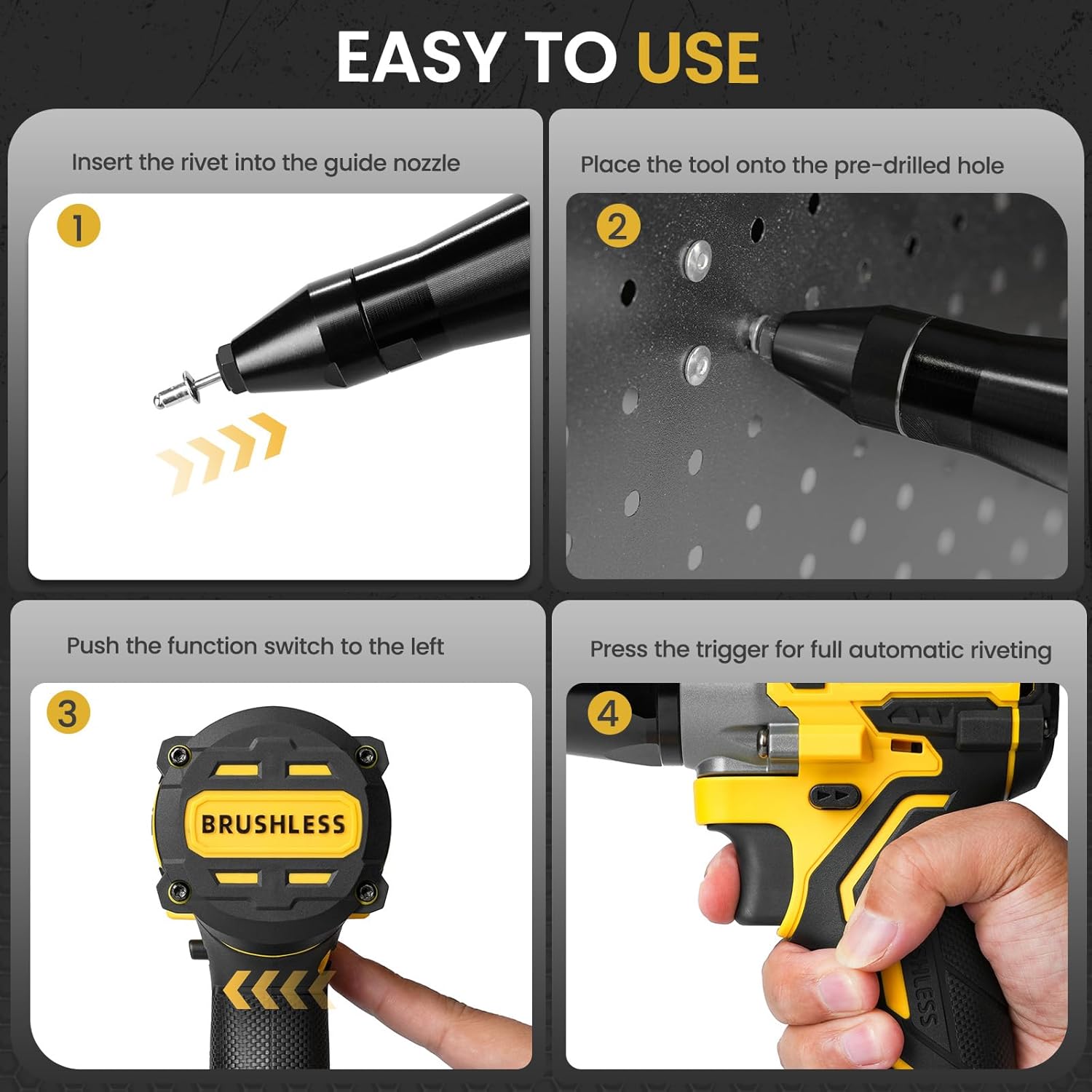 Cordless Rivet Gun Compatible with Dewalt 20V 60V Battery(Tool Only), 2248Lbf Electric Brushless Blind Riveter Tool, Pop Rivet Tool, Heavy Duty Automatic Riveter for 1/8", 5/32", 3/16" Rivets