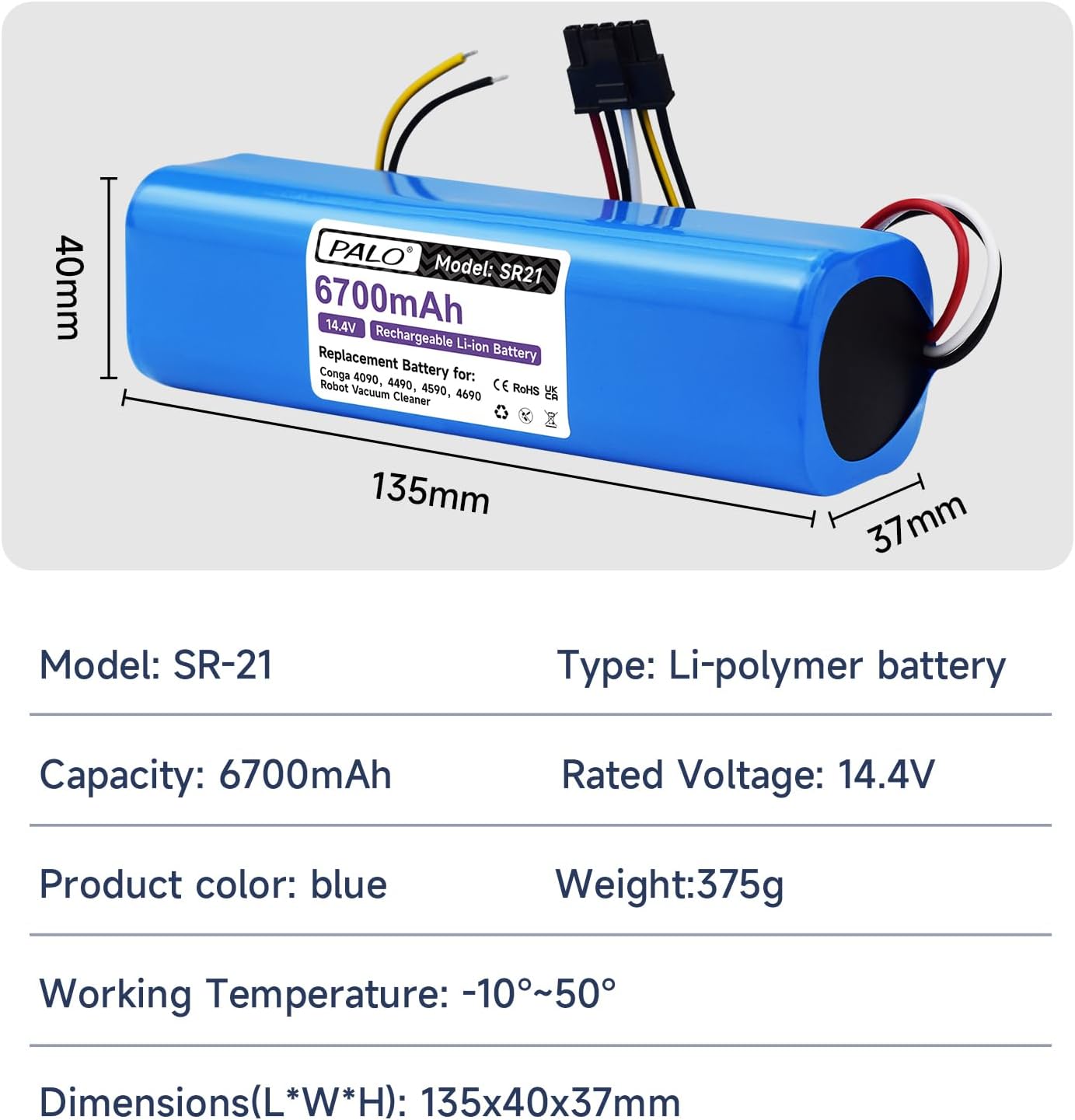 6700mAh Battery for CECOTEC Conga 4690 Ultra, 4690, 4590, 4490, 4090, Robot Vacuum Cleaner NIT-CB0T-01-LDS-BK
