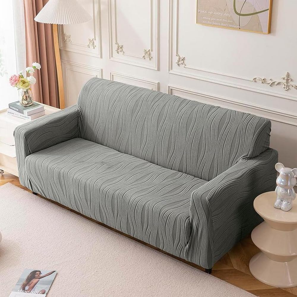 Stylista Premium Stretch Velvet Sofa Cover – Soft Jacquard Slipcover with Anti-Slip Fit, Durable & Stylish Furniture Protector for Pets Wavy Pattern, 3 Seater, Grey-image-43