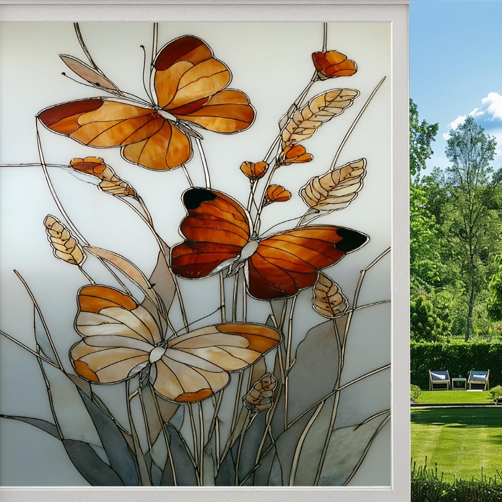 Retro Butterfly Privacy Window Film, Natural Reeds Grass Flowers Frosted Self-Adhesive Vinyl Cling for Glass Doors Bathroom Windows Sun Blocking Heat Control, （40x80cm）