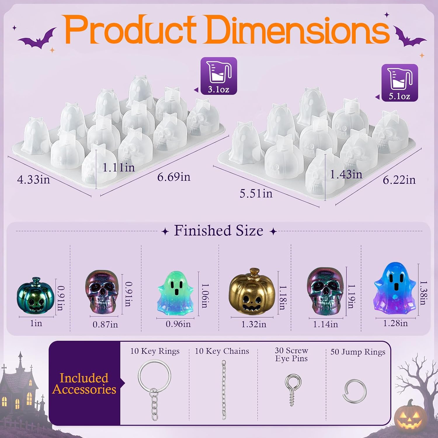 LET'S RESIN Halloween Resin Molds Silicone, 2 Sizes 3D Keychain Resin Molds