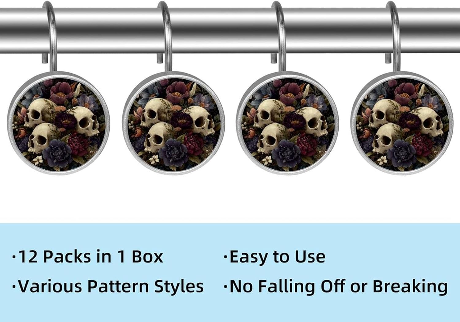 12 Pack Skulls Flower (1) Shower Curtain Hooks, Stainless Steel Decorative Shower Curtain Rings for Bathroom, Rust Proof Shower Curtain Hangers for Curtains Rods