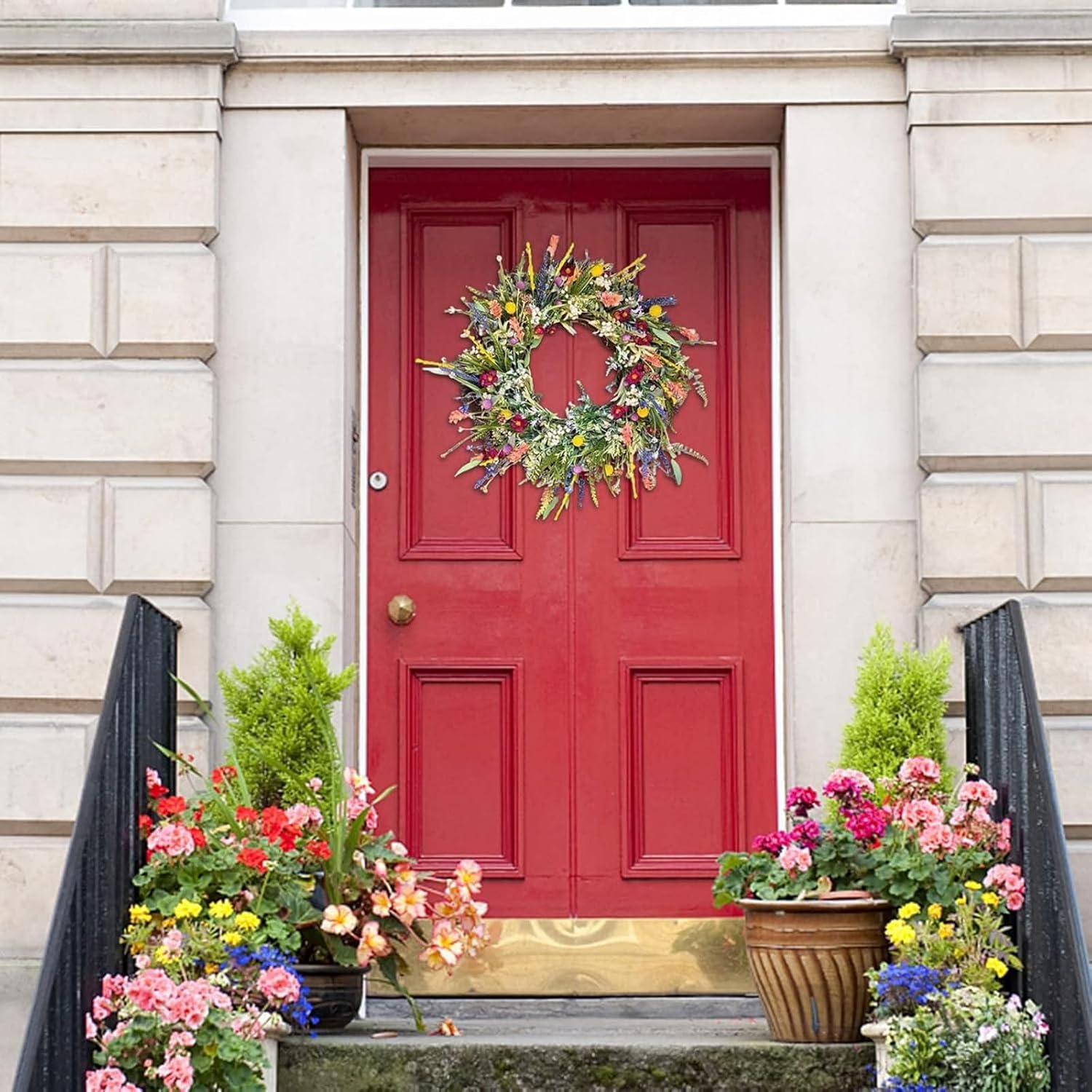 Wildflower Daisy Lavender Greenery Wreath Spring and Summer Wreath, Floral Wreath Decorated with Lavender Daisy and Other Wild Flowers for Front Door Wall Window Home Decor (55cm)