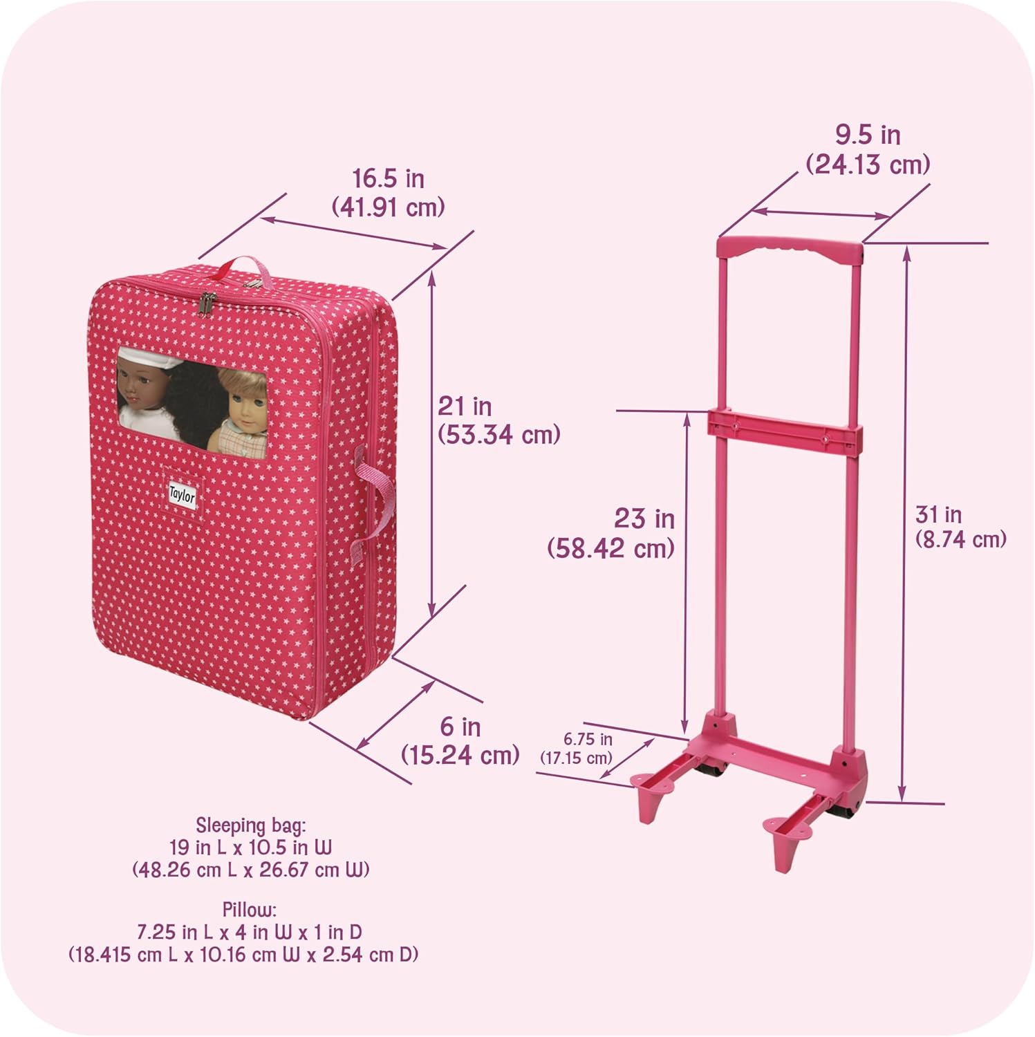 Badger Basket Double Trolley Doll Carrier with Two Sleeping Bags and Pillows – Perfect for 18-Inch Dolls in Pink Star Design