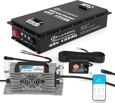 48V 135Ah LiFePO4 Lithium Golf Cart Battery,Internal Smart 200A BMS with Touch Monitor & Smart Connection APP,Perfect for Golf Carts, RV,Solar,Off-Grid Applications
