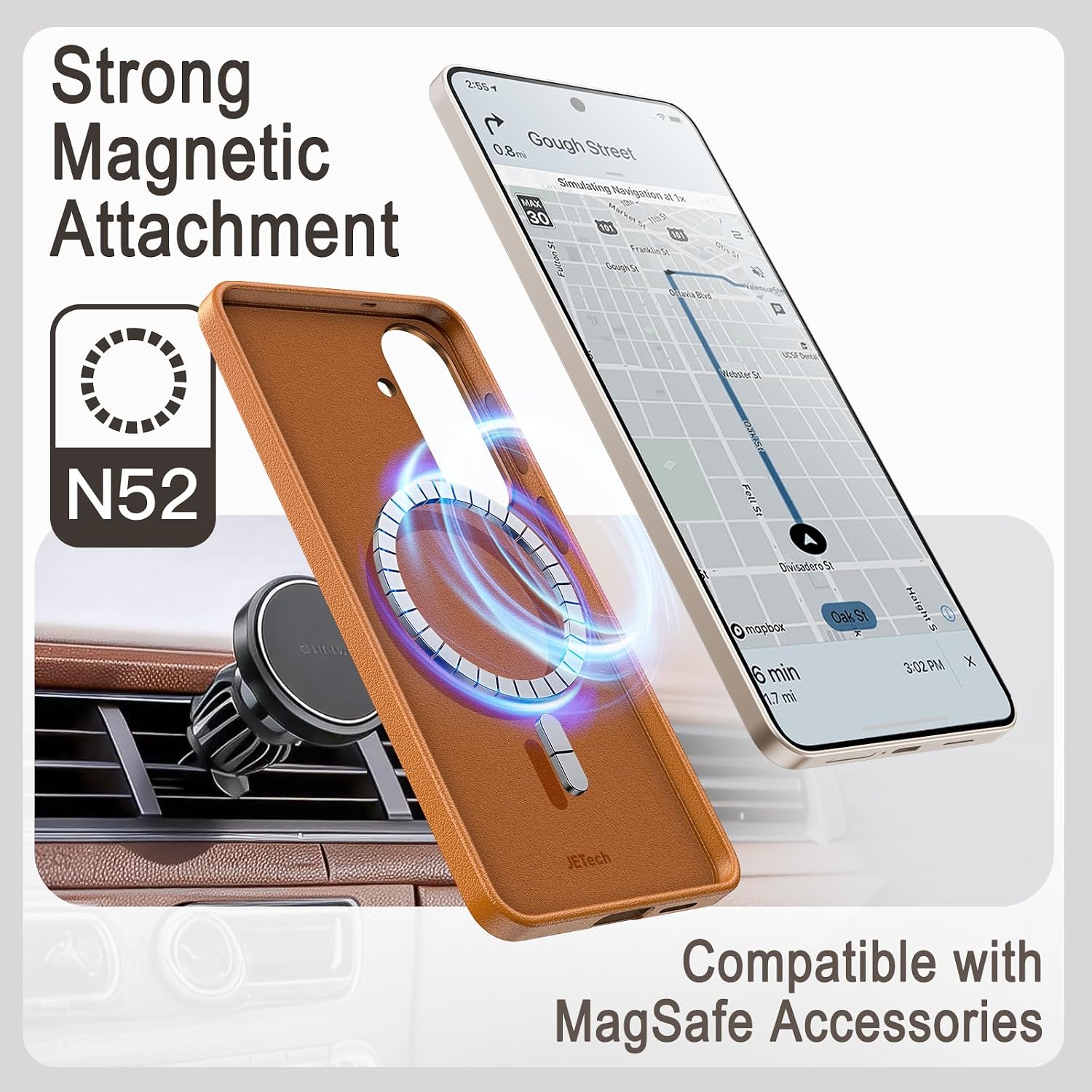 JETech Leather Case for Samsung Galaxy S26, Compatible with MagSafe, Anti-Slip Grip Phone Cover with Metal Button, Soft Microfiber Lining (Brown)
