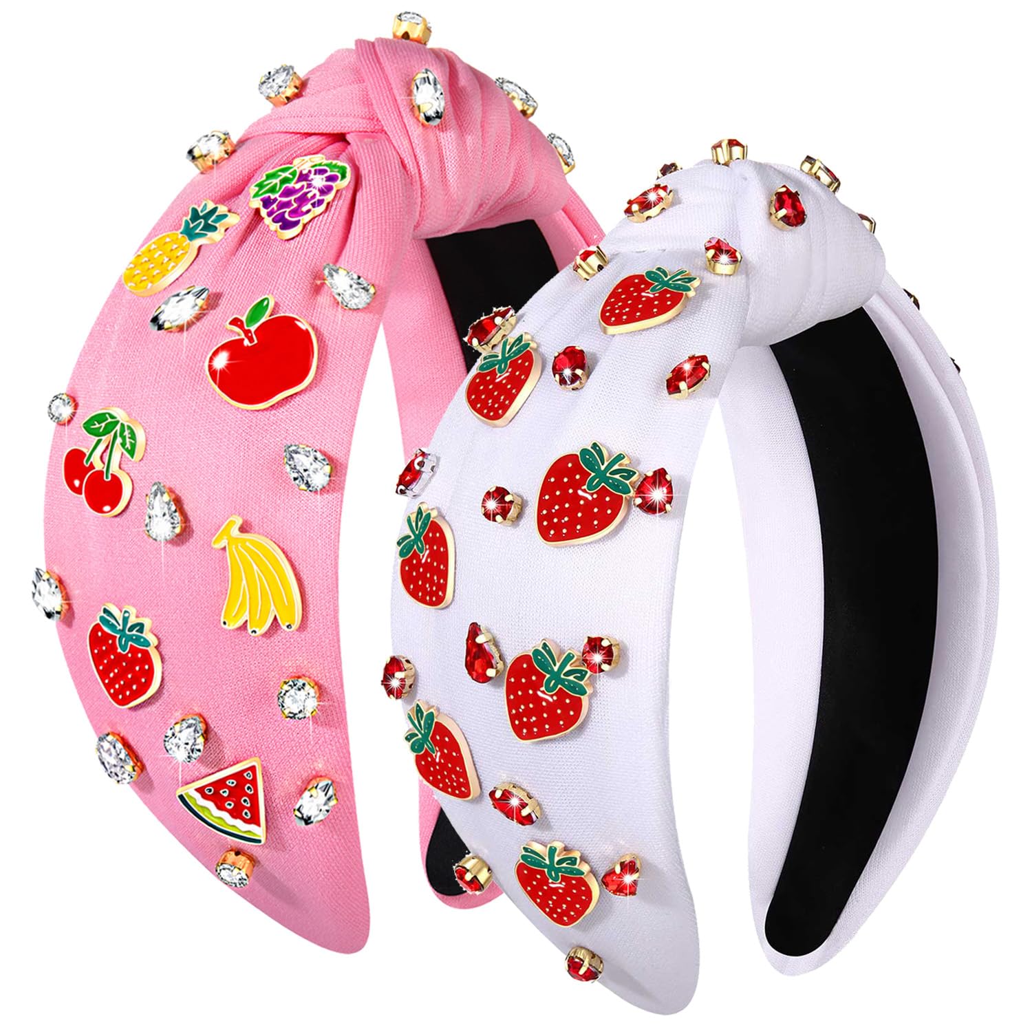 mokkia 2PCS Fruit Headband for Women Tropical Strawberry Cherry Watermelon Headbands Jeweled Spring Summer Headband Accessories Beach Vacation