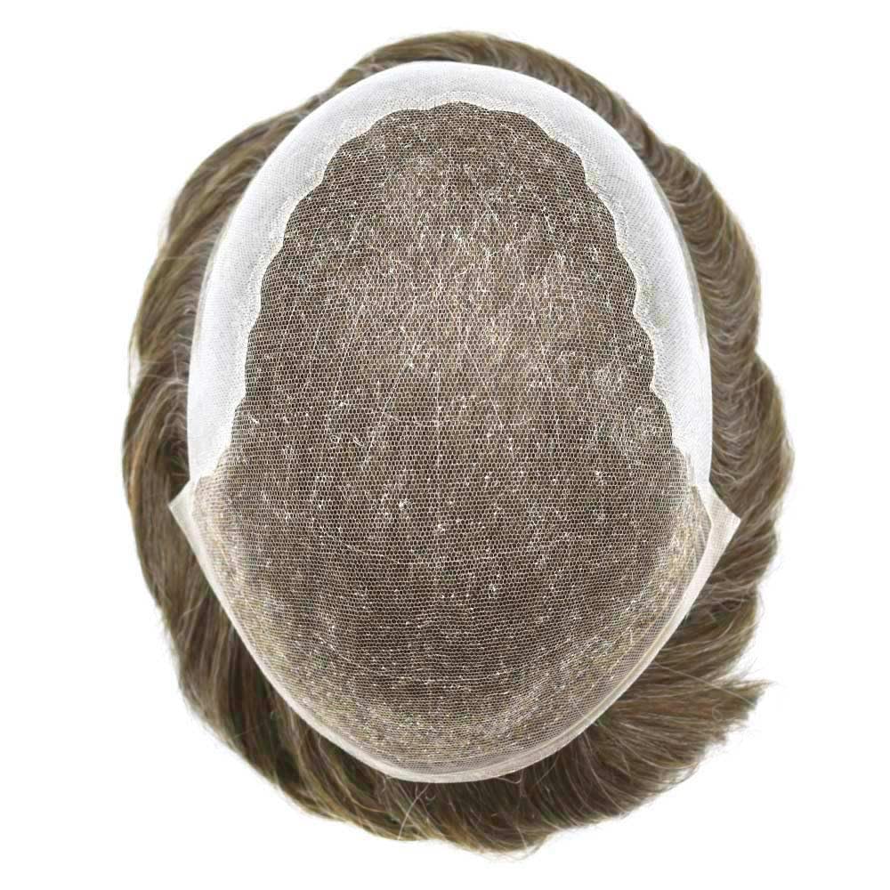 Toupee For Mens Hair Piece Swiss Lace Hair System For Men Lace Front Mens Toupee 100% European Human Hair Piece For Men Bleached Knot 8x10 80% light density #730 7# VERY LIGHT BROWN+30% GREY