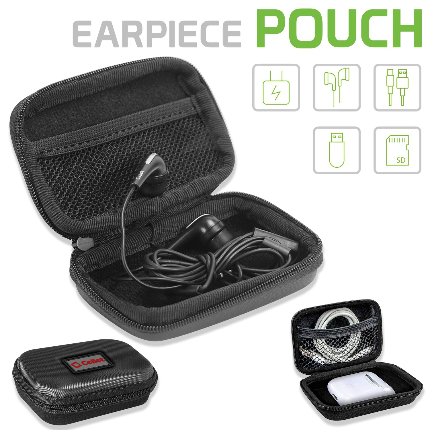 Cellet Portable Travel Compact EVA Case Compatible for Apple Air Pods Air Pods Pro 2, Air Pod, Bose Earbuds Galaxy Buds2 Pro, Buds Live, Wired Ear Pieces, Charging Cables