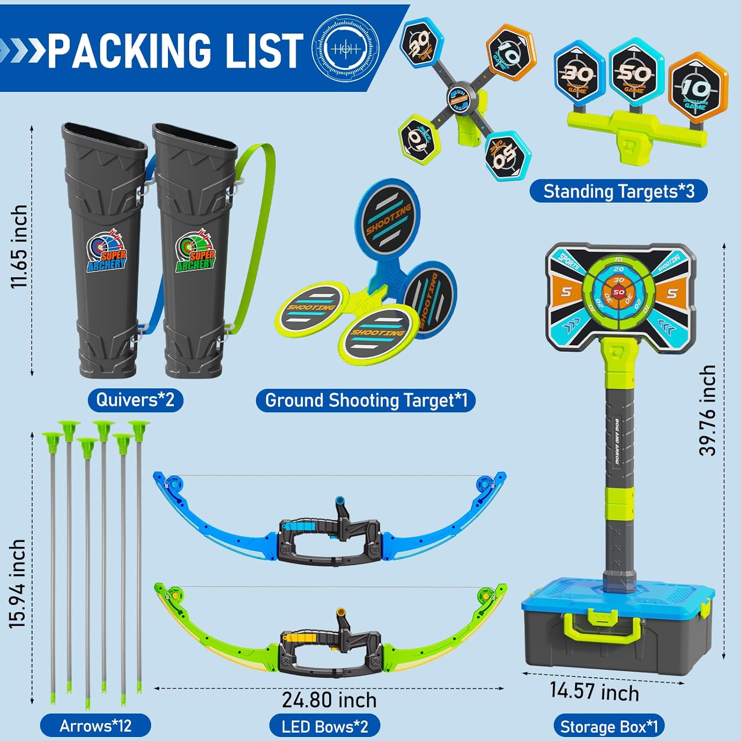 OCHIDO 2 Pack Bow and Arrow for Kids, 3in1 LED Light Up Archery Set with 4 Target, 12 Suction Cup Arrows, Quivers and Storage Box, Indoor Outdoor Sport Games Gifts for Boys 5 6 7 8 9 10 11 12 Year Old