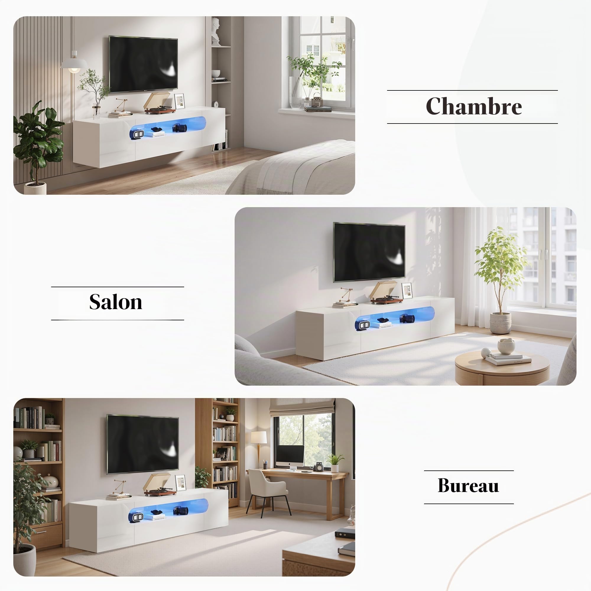 LUXOAK Meuble TV Suspendu 160 cm, Meuble TV Blanc Brillant avec LED RGB, Meuble Télé Suspendu pour 55–75 Pouces, Support TV Mural avec Rangement et Gestion des Câbles