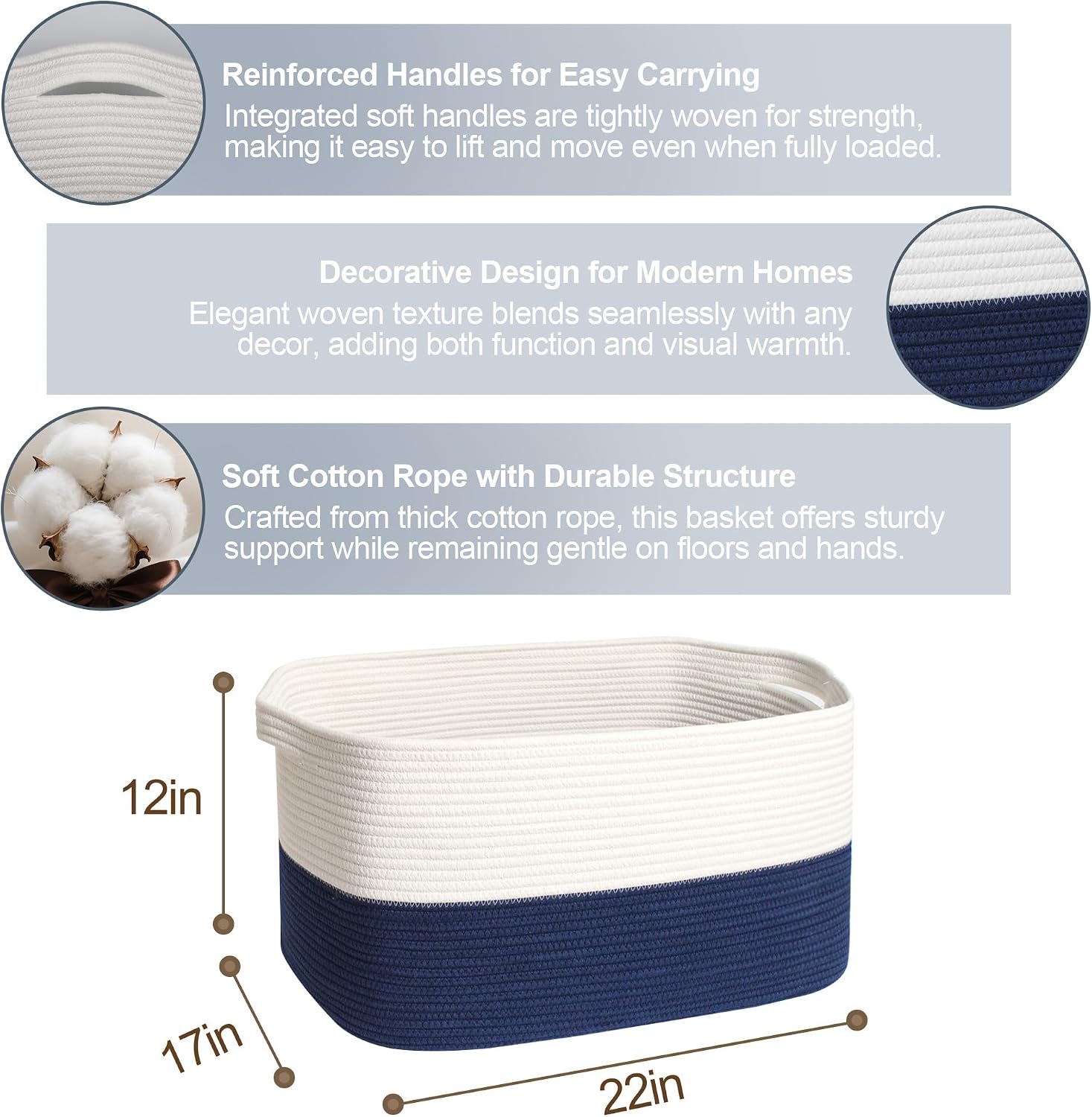 Large Basket for Blankets, 75L Woven Blanket Storage for Living Room, Cotton Rope Baskets for Organizing, Kids Dog Toy Bin Box, Rectangle Pillow Holder Organizer, 22”x17”x12”, Dark Blue