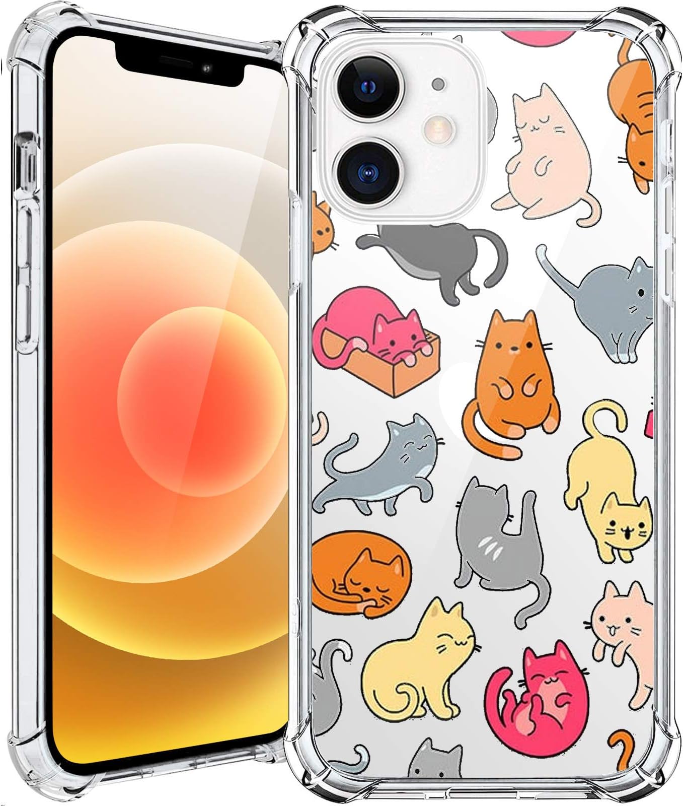 MAYCARI Cute Cat Case for iPhone 12 Phone Case 6.1 Inch, Cartoon Animal Pattern Clear Design Case for Girls Women Girly Soft Transparent Protective Case for iPhone 12