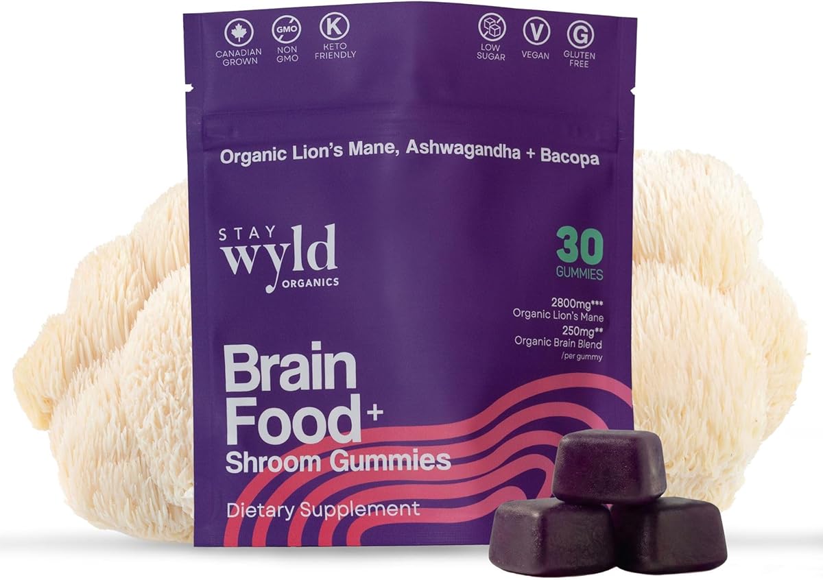 Stay Wyld Organics Stay Wyld Organics Brain Food+ Mushroom Gummies, 30 Servings, Organic Lion's Mane, Ashwagandha & Bacopa Gummies for Brain Health & Focus - Gluten-Free & Vegan Shroom, Lions Mane Mushroom Supplement