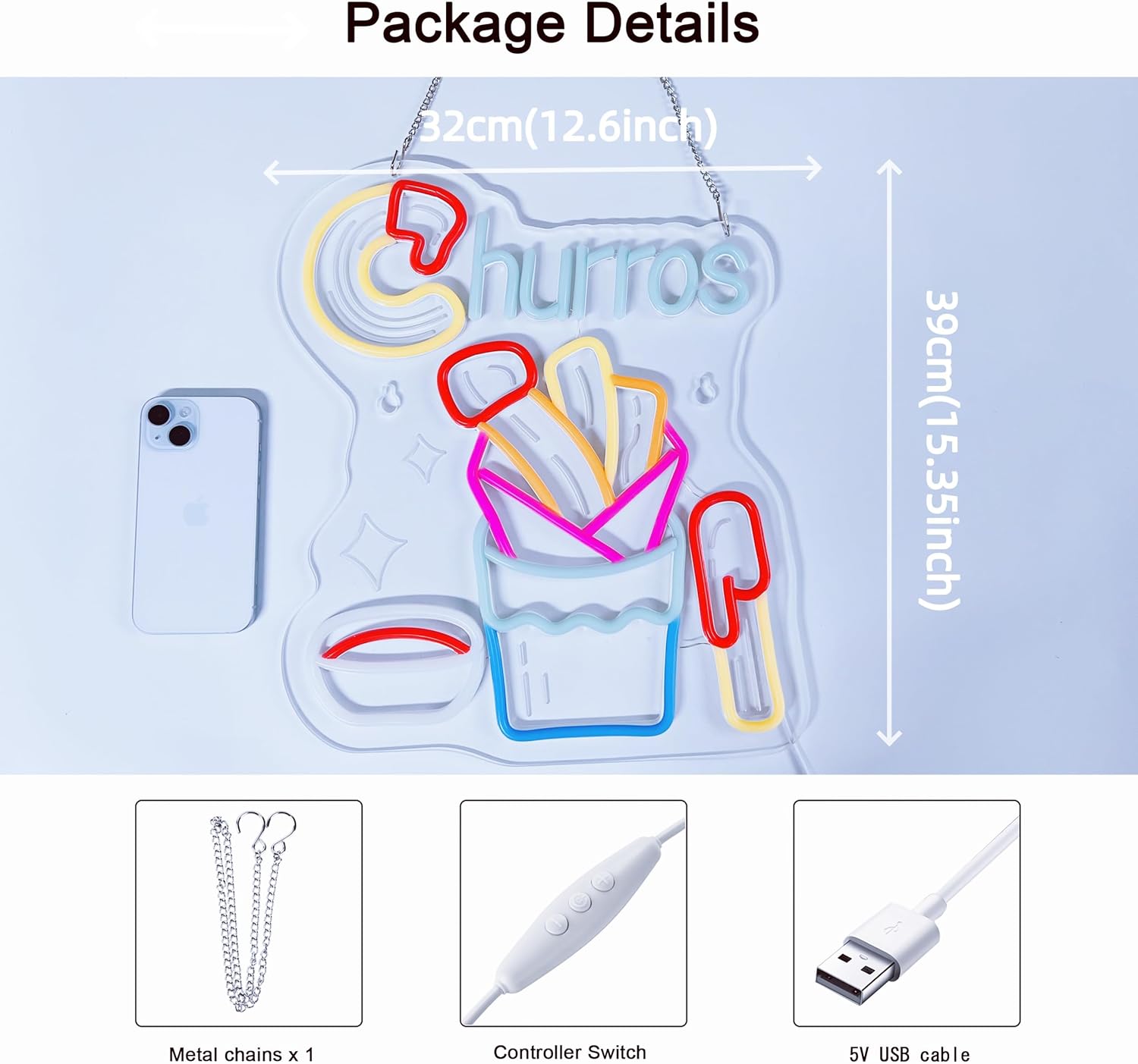 Churros Neon Sign, Neon Lights Hanging Wall Art Decoration for Restaurant Store Food Stand Truck Shop Juice Bar Market Party Home Decor, USB Powered Ultra Bright Dimmable, 15.35 * 12.6inch